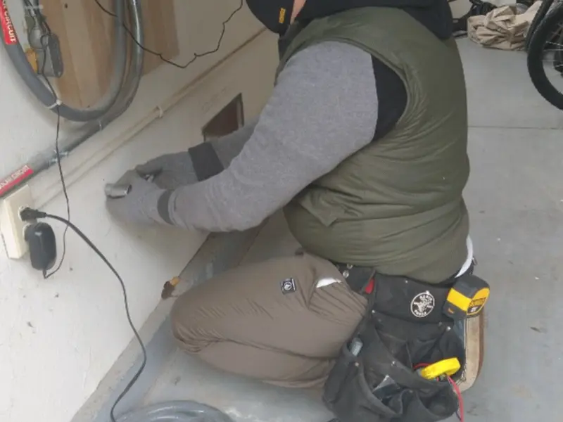 Electrician performing outlet wiring in a Peoria garage
